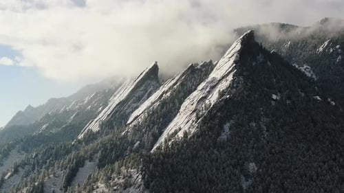 Snowy Mountain Peaks and Evergreen Forest Aerial View