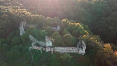Forward tilt up drone shot over the ruins of a castle surrounded by a forest during golden hour. Sho