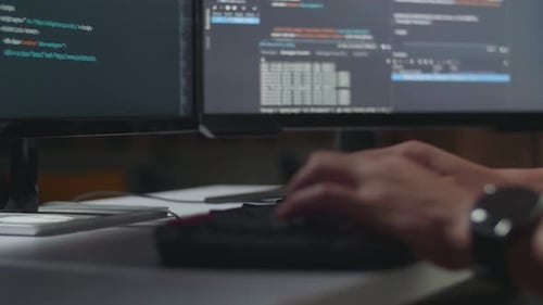 Male Programmer's Hands Typing On Desktop Computer Creating Software Engineer Developing App