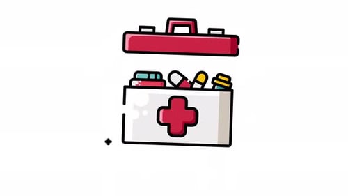 First Aid Kit Opened Box with Medical Supplies and Pills Inside, animation isolated alpha channel, a