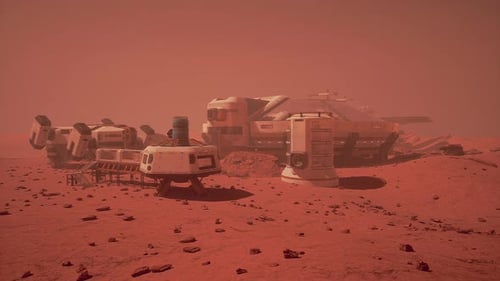 Base y nave espacial en el planeta Marte