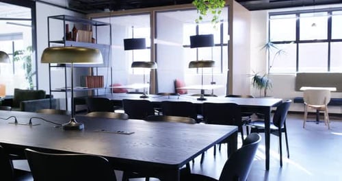 Empty, modern office and furniture in workplace or building for meeting, career and workspace