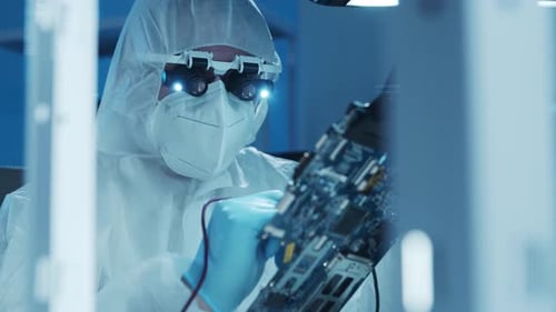 Microelectronics Engineer Works in a Modern Scientific Laboratory on Computing Systems and