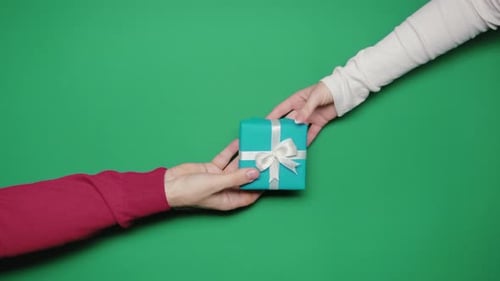 Handing Blue Birthday Gift on Green Screen Background