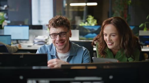 Laughing Team Rejoicing Success Looking Computer Screen Together Office Closeup