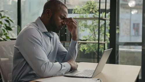 Exhausted Sick Mature Senior Businessman Tired African American Ethnic Man Office Executive Work on