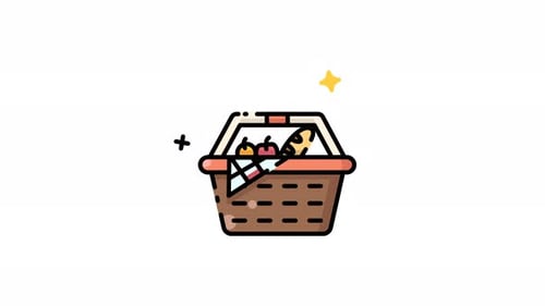 animation of Brown wicker picnic basket with fruit and a loaf of bread inside.