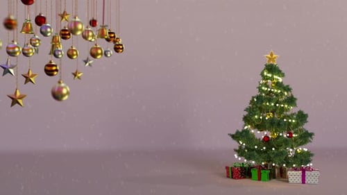 Festive Christmas Tree with Hanging Ornaments and Falling Snow