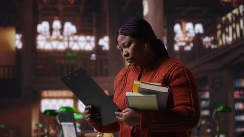 Female Educator Preparing Her Teaching Materials and Resources in the Library