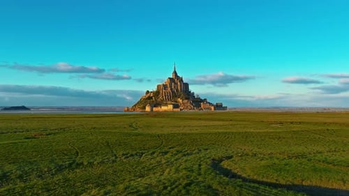 Aerial View of the Famous Historic Abbey Mont Saint Michel Historic Monastery with Tidal Flats