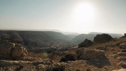 Landscape Desert Valley southern Jordan. Side dolly left, wide landscape shot for a vast empty deser