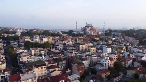 The Famous Hagia Sophia Mosque in Istanbul Old Town, Rising Aerial.