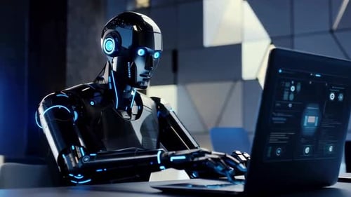 Humanoid AI Robot Typing on Laptop in Futuristic Office