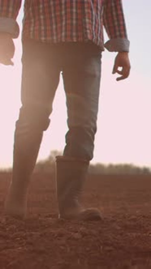Farmer Wearing Rubber Boots and Plaid Shirt Walking Slowly Across Freshly Tilled Soil in an Open