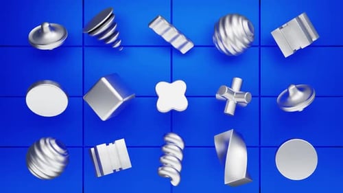 3D Abstract Metallic Shapes Rotating in Modern Blue Grid Loop