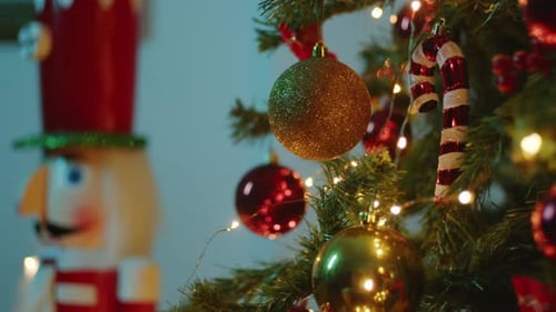 The Christmas Tree and Balls in the Night of a Room