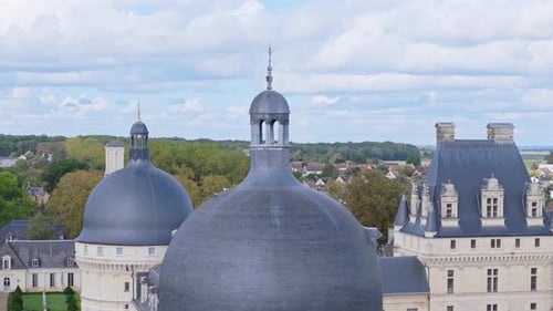 Aerial close up view of Valençay Castle roof, France.