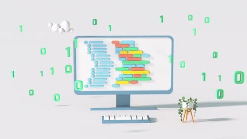 Desktop- und Binärcode. Konzept der Computertechnik. Minimale 3D-Renderanimation im Cartoon-Stil