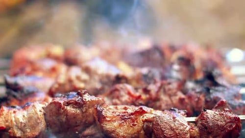 Grilling Meat on Charcoal Skewers