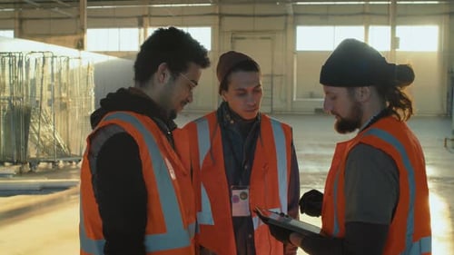 Warehouse Coworkers Discussing Work Issues Looking at Tablet
