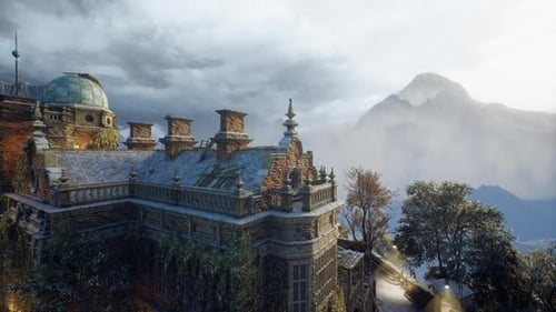Expansive View of an Old Mansion in a Mountainous Landscape During Twilight