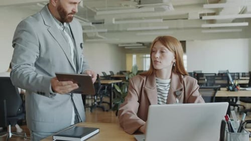 Business Lady Using Laptop and Speaking with Coworker in Office