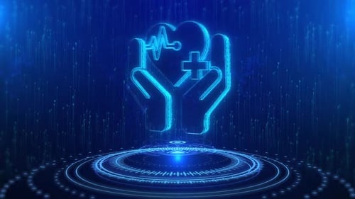 Futuristic Medical Hands Holding Heart with Pulse Animation