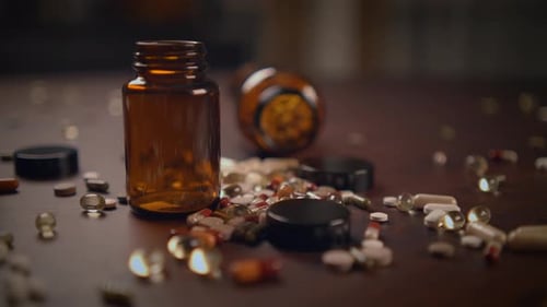 Assorted Pills and Medicine Bottles on Dark Surface
