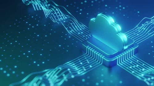 Leuchtendes 3D-Cloud-Computing-Symbol auf Leiterplatte mit blauem Datenstrom-Hintergrund
