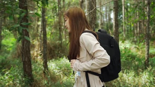 slow-motion of young woman carrying a backpack travel and walking in the forest
