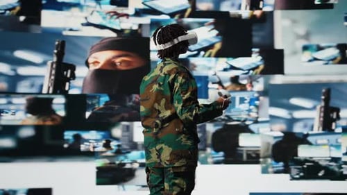 Soldat bietet Kampfunterstützung mit VR-Headset-Ausrüstung