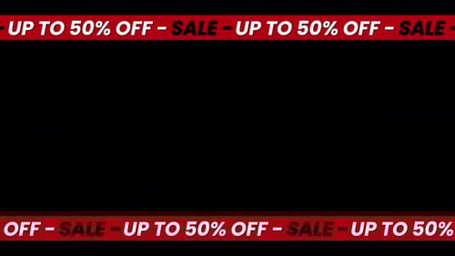 Animated Sale up to 50% off banner with moving red ribbon – seamless loop on transparent background.