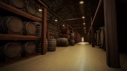 Aufbewahrung von Weinfässern im Weintresor. Fässer mit Cognac, Wein oder Whisky