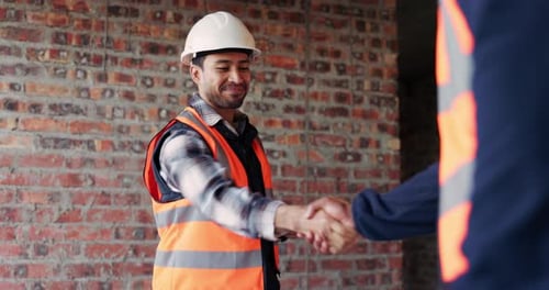 Happy, man and handshake with architect for meeting, introduction and construction agreement