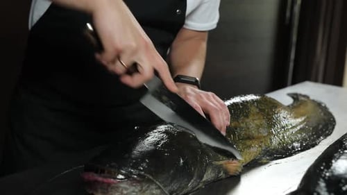 chef cooking fish in the kitchen. Close-up shots