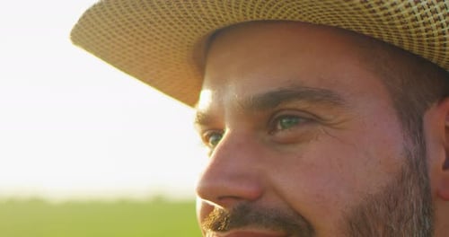 Cropped Portrait of the Thoughtful Farmer Looking Away Senior Farmer Smiling Slow Motion Close Up of
