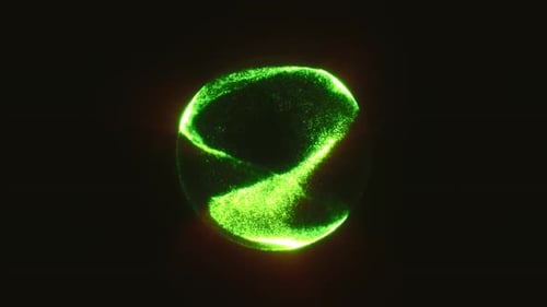 Vibrant green glowing sphere with dynamic plasma swirl on a black background