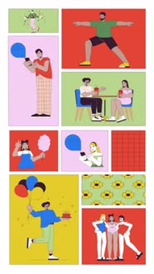 Plus size people expressing confidence through movement, fun bento grid vertical animation