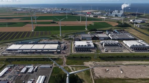 Data center, server hall, industrial hyperscale computing center. Eemshaven, The Netherlands.