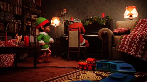 Der Weihnachtsmann spielt Klavier, während Elf in Magical Christmas Night 2 einen Tanz aufführt