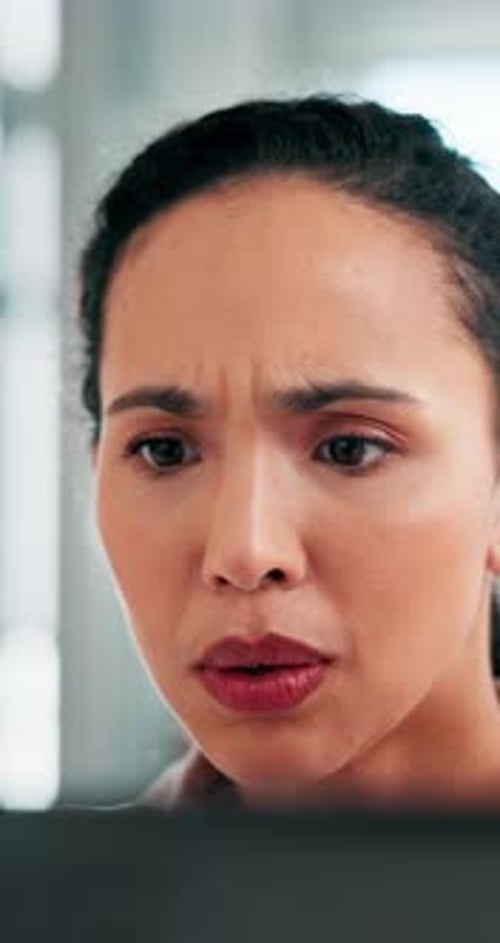 Confused, reading or businesswoman on technology for company consulting error