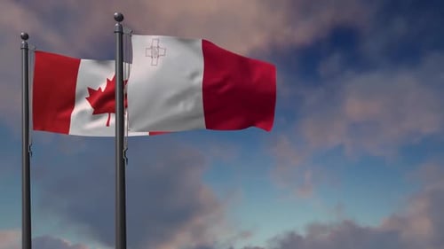 Canada and Malta National Flags Waving Seamlessly on Flagpoles