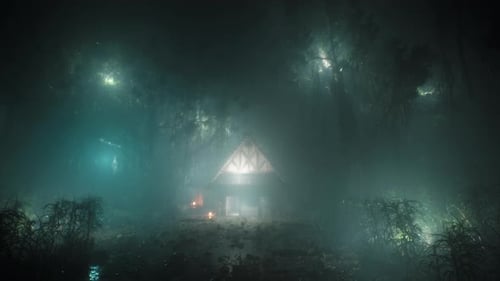 Beautiful Rain Scenery Falls On The Cabin In The Forest