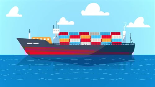 Animated Flat Design Container Ship Sailing in Ocean