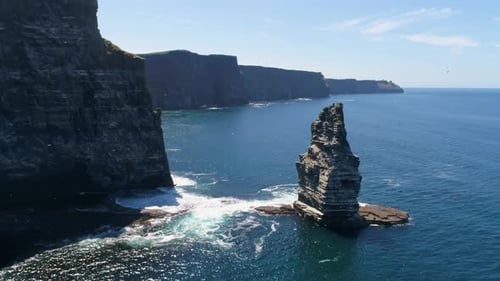 A drone shot of the Cliffs of Moher, the tallest sea cliffs of the rugged West Clare Coast of Irelan