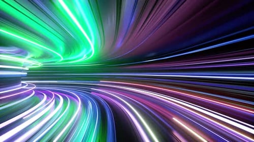 abstract background, tunnel turn with sliding colorful neon lines