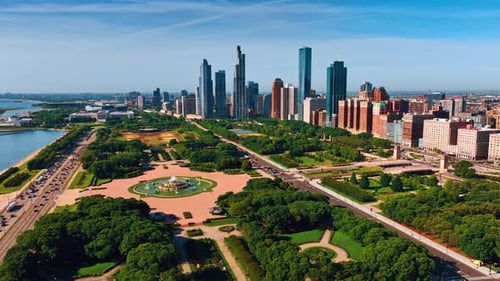 Huge green park territory surrounded by the mighty architecture.
