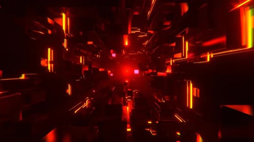 Red And Orange Futuristic Cubic Strobe Neon Corridor Background Vj Loop I 4K