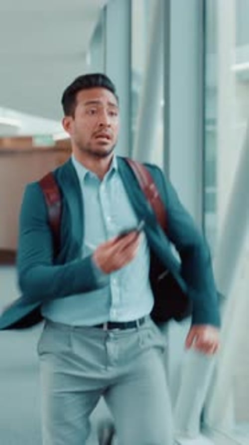 Businessman, watch or rush with delay for flight, boarding termination or late schedule in airport