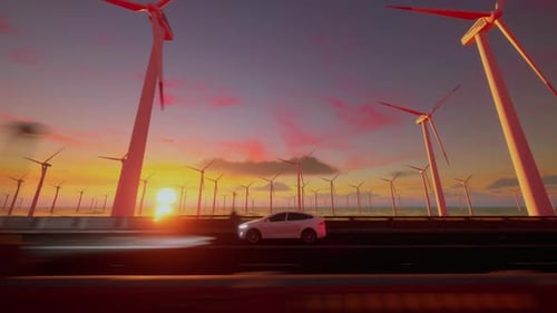 3D Render Of Generic Electric Car Drives On Highway With Wind Turbines At Sunset